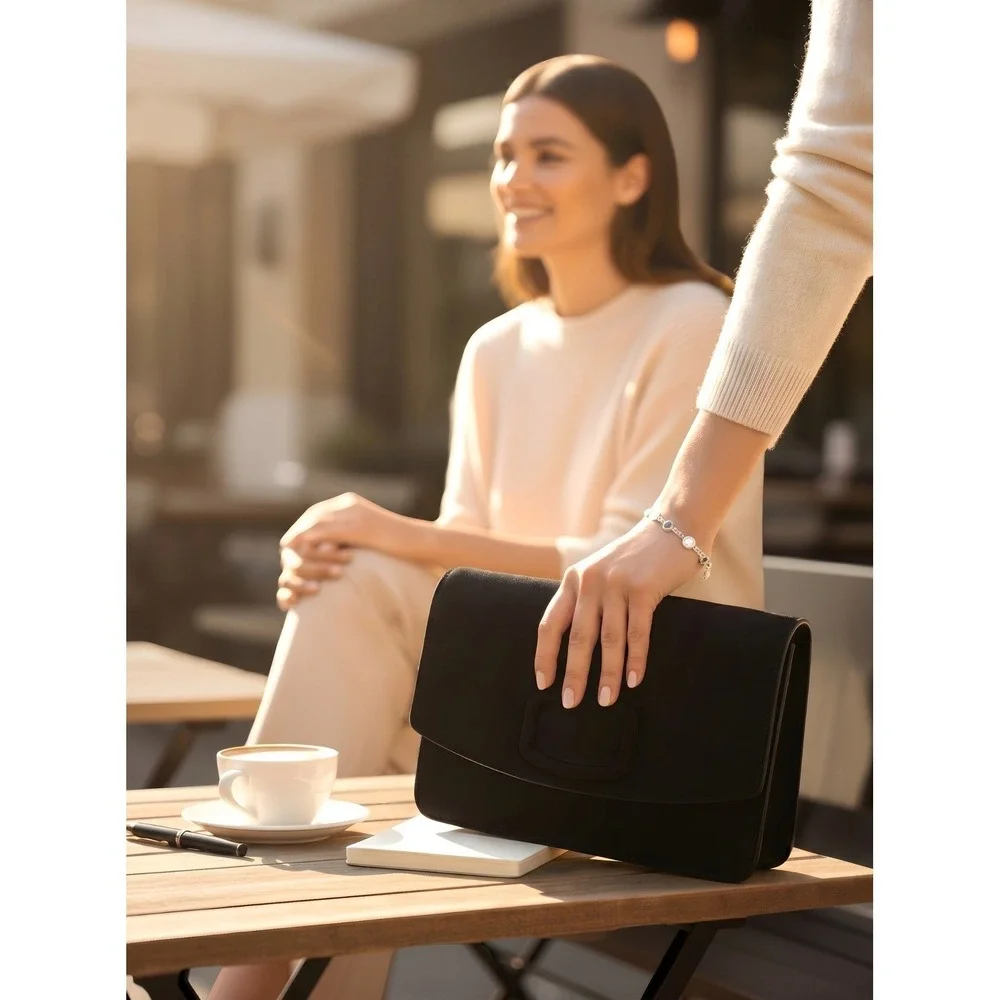 Hobbs London Black Suede‎ Leather Convertible Clutch Shoulder Bag